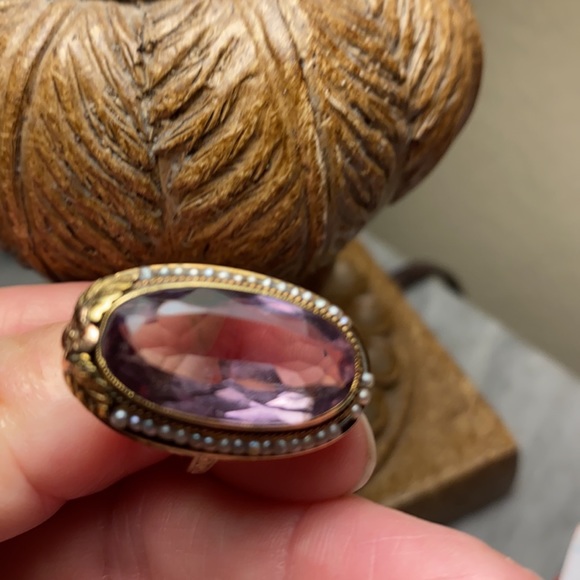 14 kt. ANTIQUE Amethyst w/seed pearls ring - Picture 12 of 13